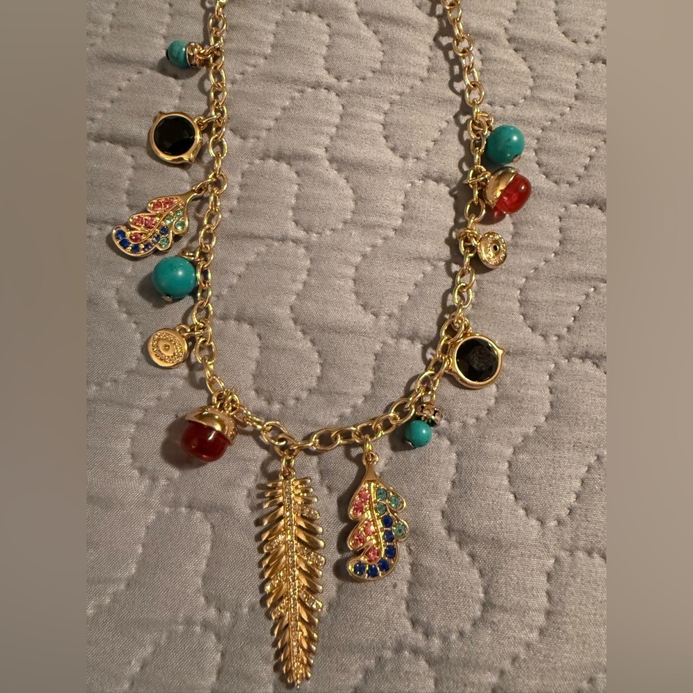 Bohemian Gold Tone Charm Necklace Colorful Feathers,Evil Eyes,Rhinestone,Beads